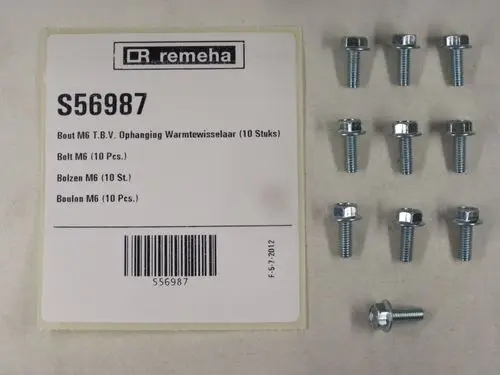 Bunte Schrauben in verschiedenen Größen von Remeha, angeordnet auf einem hellen Untergrund, begleitet von einem Etikett mit Produktinformationen und Barcode.